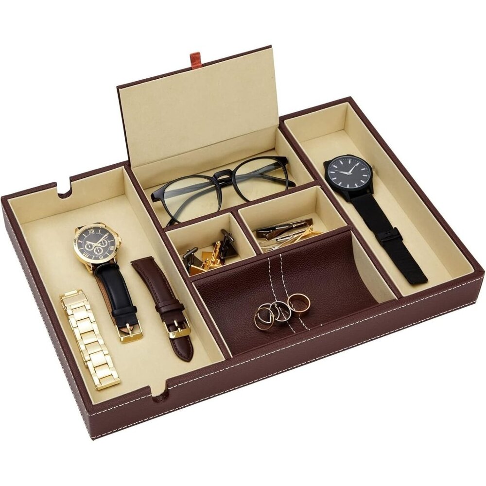 Leather Valet Catchall Tray for Men with 6 Compartments for Phones (Brown)